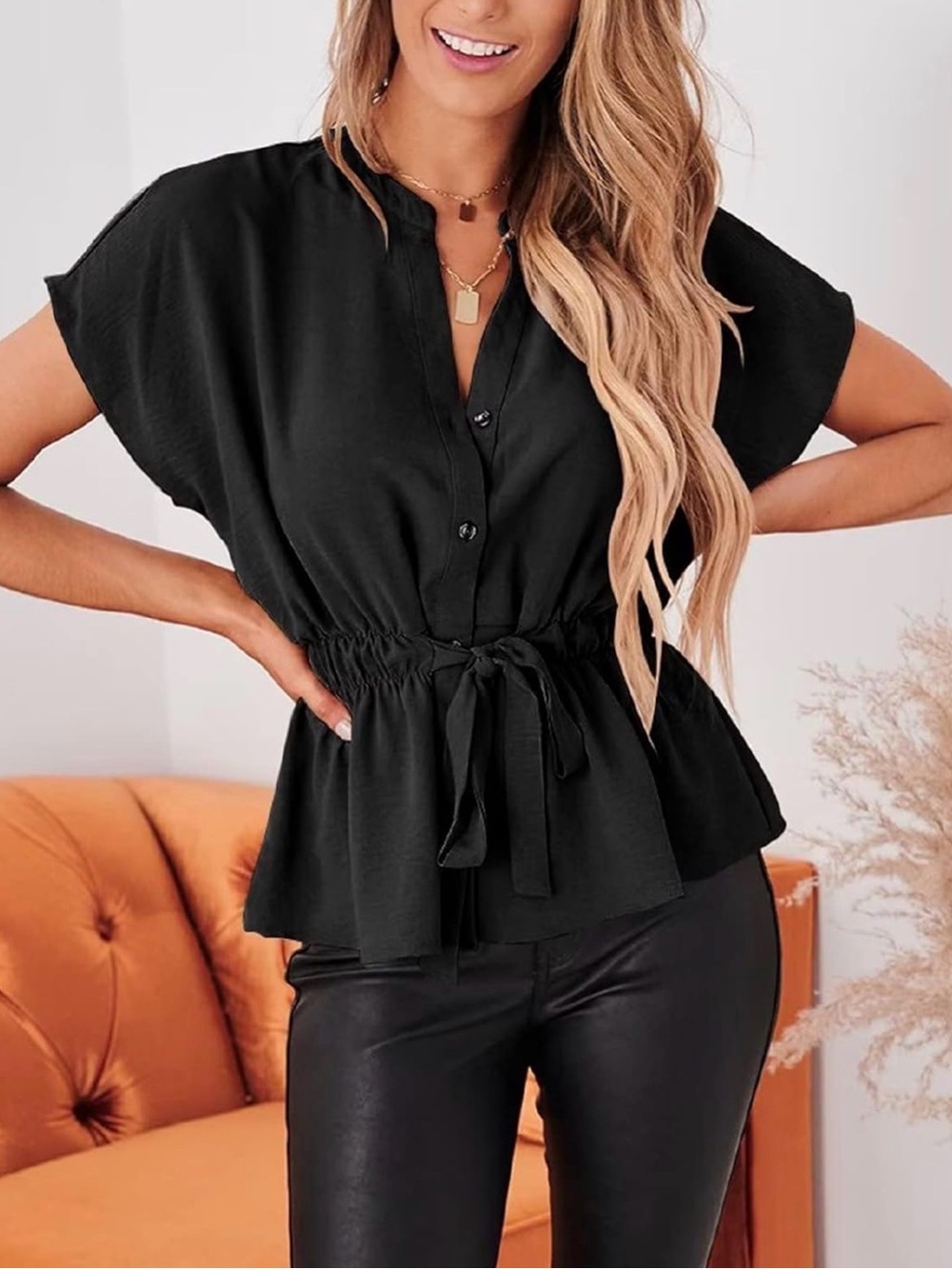 Black Button-Front Tie-Waist Women’s Top- Never worn